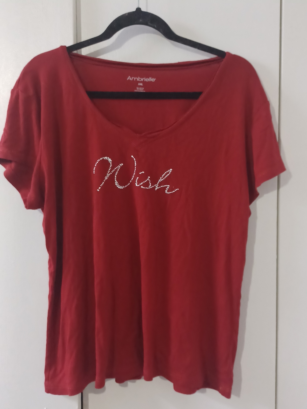 Ambrielle Red Short Sleeve V-Neck Top with Rhinestone "Wish"